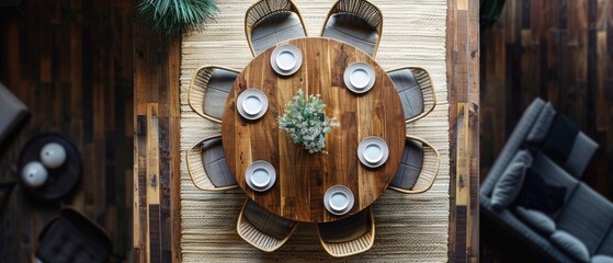 Aerial view of a rustic wooden dining table set for a meal, surrounded by stylish chairs in a cozy room