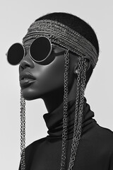 lack-and-white photography of an African woman with chains, rings on her head