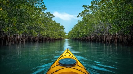 Fototapeta premium Kayaking through mangrove forest waterway, tranquil scenery, exploration