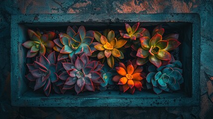 Vibrant Succulent Arrangement in a Concrete Planter with Colorful Blooms Against a Textured Background