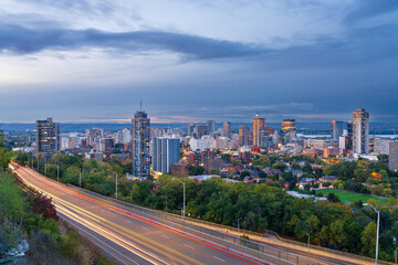 Hamilton, Ontario, Canada downtown city skyline at blue hour.