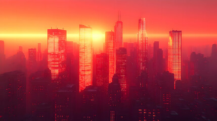 Fototapeta premium Red Sunset Cityscape Futuristic City View