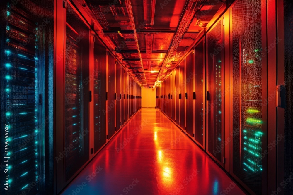 Poster advanced data center corridor illuminated with colorful lights and server racks in a modern technolo