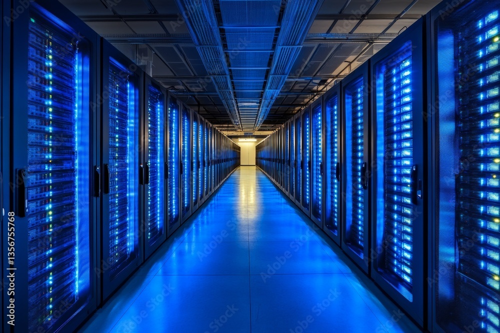 Leinwandbilder data center illuminated in blue light showing rows of servers and cabling installations at night