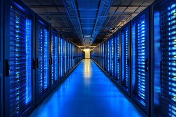 Fototapeta premium Data center illuminated in blue light showing rows of servers and cabling installations at night