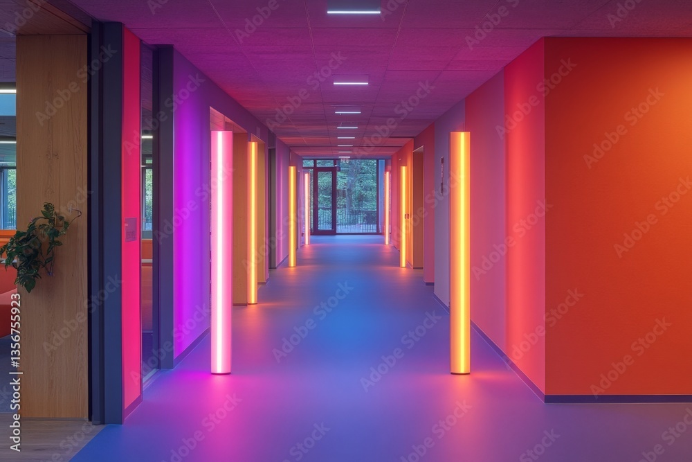Poster Vibrant hallway with colorful lighting in a modern building during the daytime