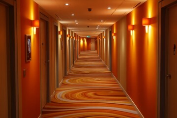 Warmly lit corridor in a modern hotel with artistic carpet design during the evening