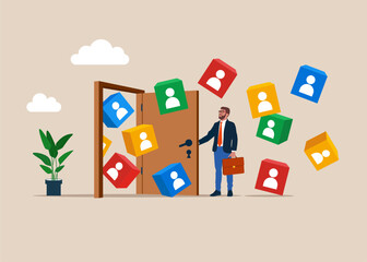 Businessman opening a door to onboarding employees. Employee recruitment. Attracting new customers or followers. Flat vector illustration