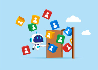 Robot opening a door to onboarding employees. Employee recruitment. Attracting new customers or followers. Flat vector illustration