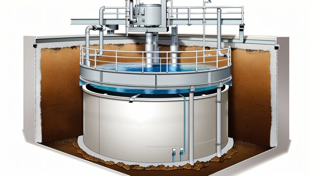 Sectional view of an underground wastewater treatment system, illustrating grease trap, anaerobic digestion, and leach field function.