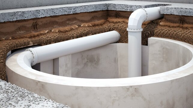 Sectional view of an underground wastewater treatment system, illustrating grease trap, anaerobic digestion, and leach field function.