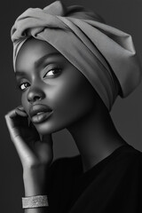 Beautiful Black woman wearing a silver bracelet and a sleek headscarf