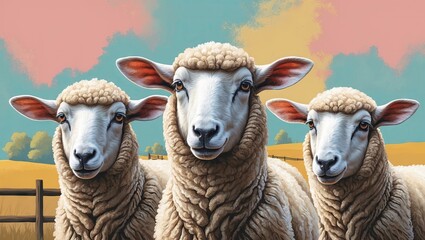Fototapeta premium Realistic depiction of three sheep in the foreground with a blue and pastel pink background featuring grassy fields and a fence in the distance