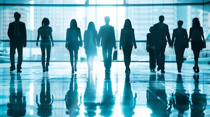 Silhouettes of Business People Walking at office building, Symbolizing New Beginnings and Success
