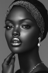 Black and white studio portrait of an African woman wearing a silver headband