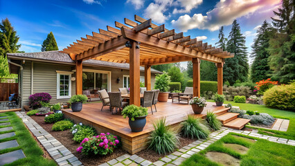 Obraz premium Cozy Outdoor Pergola on Wooden Deck with Lush Garden Surroundings