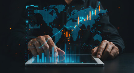 Hand drawing financial charts and graphs with dynamic holographic elements on a dark background. Concept of market analysis and investment.