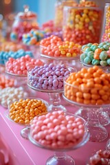 Vibrant candy buffet display featuring colorful sweets in glass bowls on pink table creating a delightful and festive atmosphere capturing the joy of celebration
