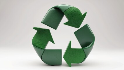Green recycling symbol with curved arrows on a clean white background, symbolizing sustainability and environmental awareness in modern design.