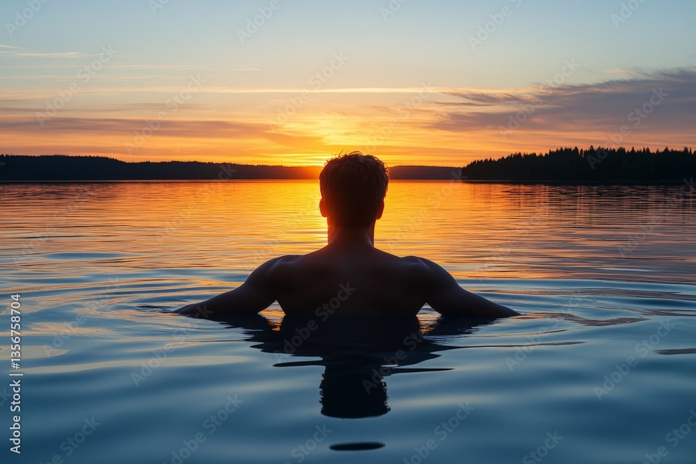 Aufkleber man enjoying sunset while swimming in calm lake water surrounded by forests in the evening