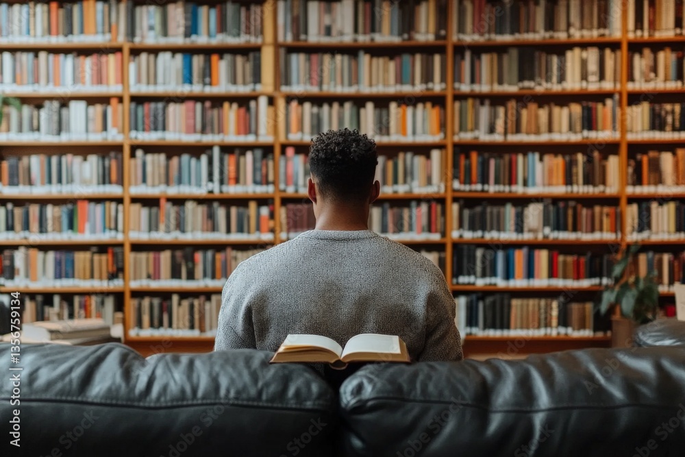 Poster individual reads in a library setting, surrounded by shelves of books, during afternoon study hours,