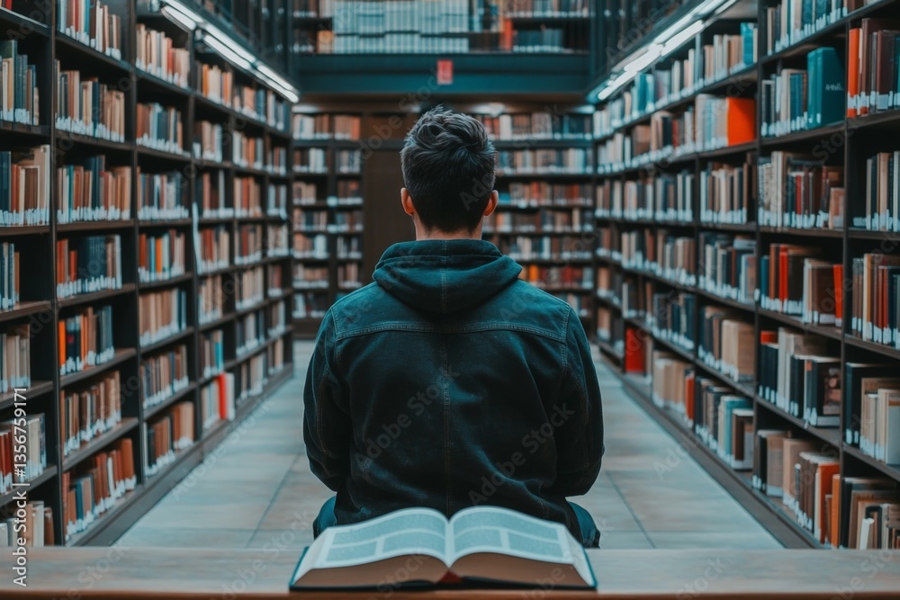 Poster person reading in a quiet library surrounded by shelves filled with books during the afternoon