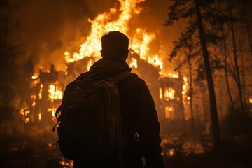 Person watching large fire engulfing a building in a forest at night
