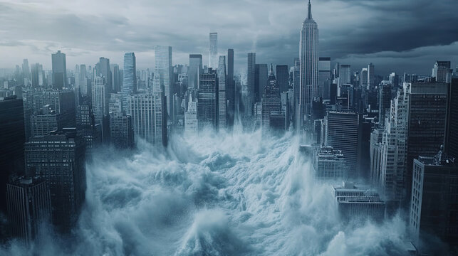 A massive glacier engulfs a futuristic city, symbolizing the paradox of climate change.