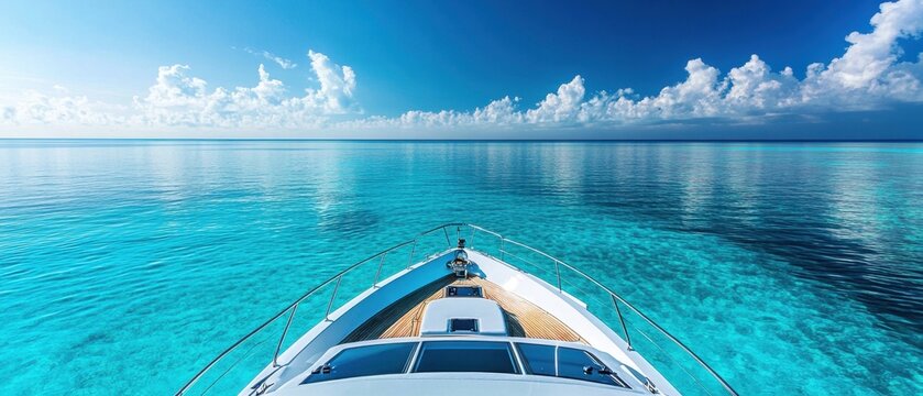 Luxurious yacht sailing on crystal clear turquoise ocean water under a bright blue sky with fluffy white clouds offering a serene and peaceful travel experience