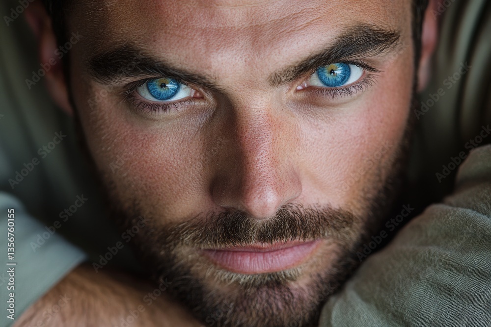 Aufkleber intense gaze of a man with striking blue eyes, showcasing rugged features and deep expression in a c