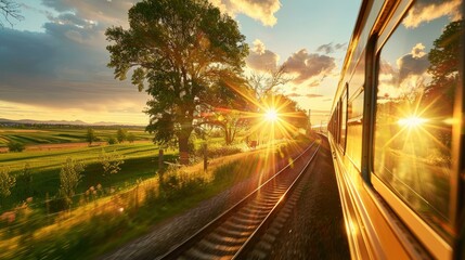 Scenic train journey through lush green fields at sunset, highlighting reflections and vibrant light
