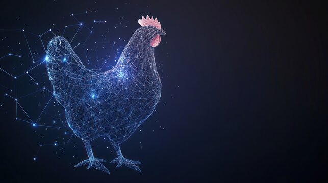 Futuristic Rooster, Wireframe, Dark Background, Network