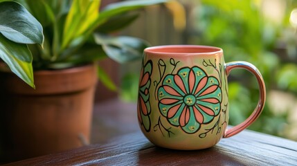 Painted mug outdoors, plant background