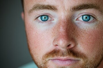 Obraz premium Man with striking blue eyes and freckles gazes thoughtfully at the camera indoors