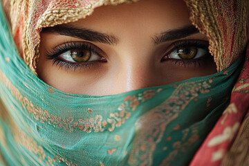 Woman with Green Veil and Intense Eyes