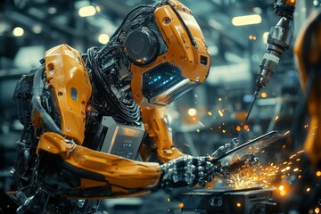 Automated robot is welding metal in a factory setting