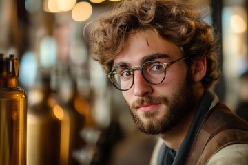 Young man with glasses sits at bar counter in lounge while looking at camera in warm ambient light during evening hours