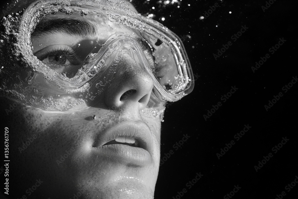 Poster diver explores depths with goggles, surrounded by bubbles in a dark underwater environment during an