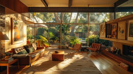 Fototapeta premium Cozy modern living room with large windows overlooking a lush garden, featuring warm lighting and art