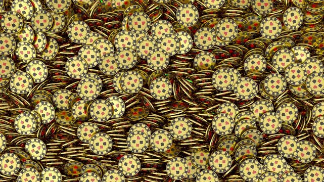 Mix of golden casino poker chips falling down and filling the screen. Poker chips flying down. Gambling poker gold tokens background pattern texture with alpha channel.