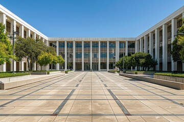 Modern architectural facade of a university campus with clear blue sky and landscaped pathways