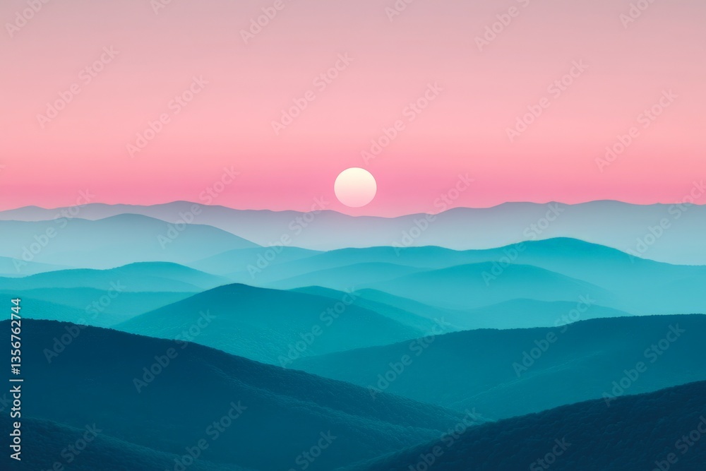 Poster sunset over rolling mountains creates a serene landscape view at twilight in the distant horizon