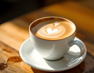 Fototapeta premium Close up white coffee cup with heart shape latte art