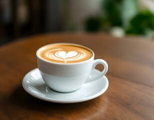 Fototapeta premium Close up white coffee cup with heart shape latte art