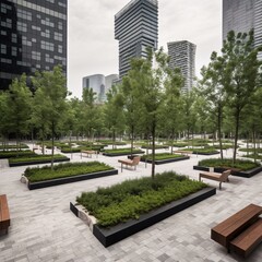 Urban Park with Geometric Planters and Trees Under Towering Buildings for Recreation and Contemplation