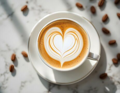 Close up white coffee cup with heart shape latte art - Powered by Adobe