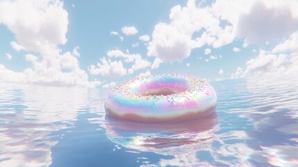 Iridescent Donut Floating on a Serene Ocean Under a Dreamy Sky