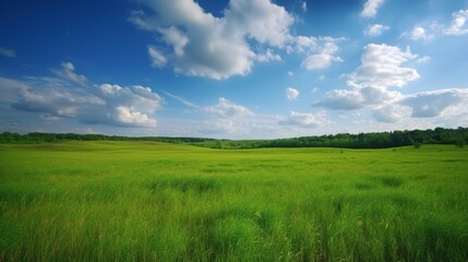 Obraz premium Vast Green Meadow Beneath a Bright Blue Sky with Cumulus Clouds on a Sunny Day