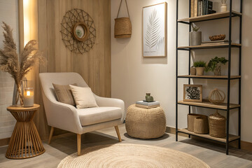Bohemian Reading Nook with Armchair and Wooden Shelves