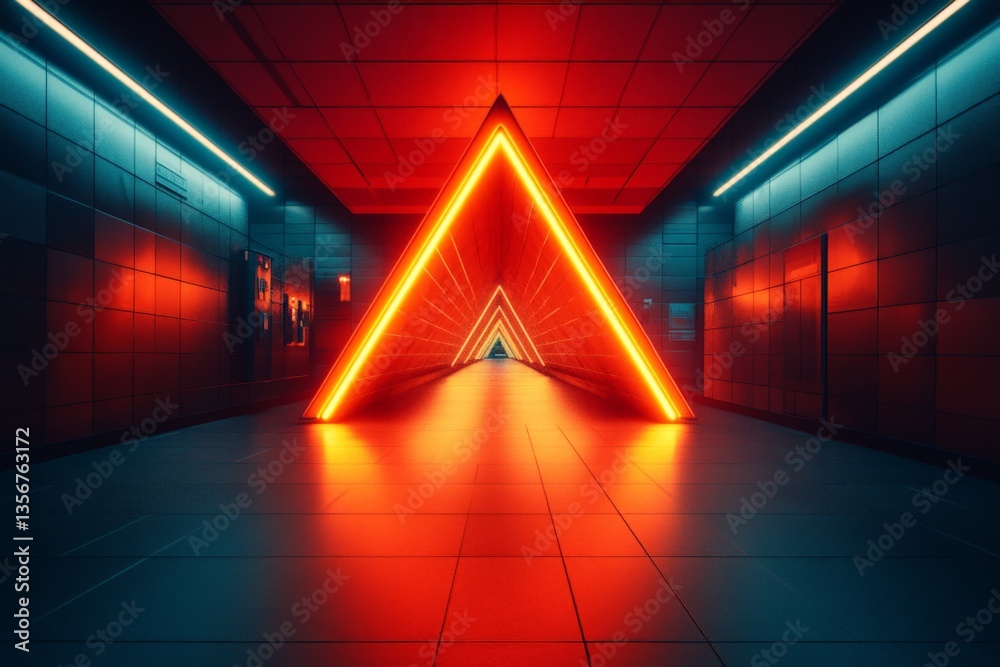 Poster bright orange triangular light installation in a modern underground tunnel creates an immersive visu